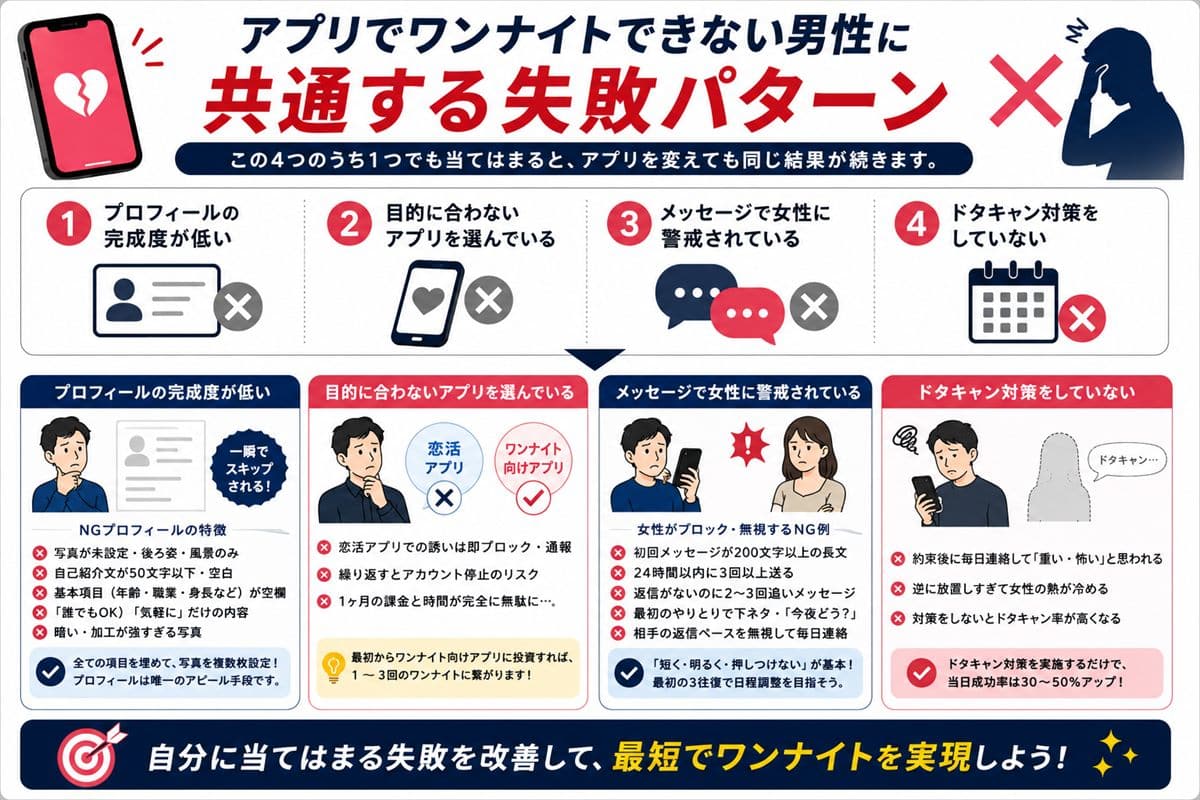 アプリでワンナイトできない男性に共通する失敗パターン